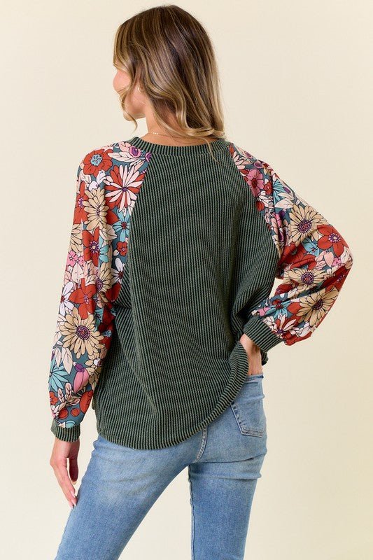 Dahlia Floral Sleeve Ribbed Tops - 2 Colors! - The Nines