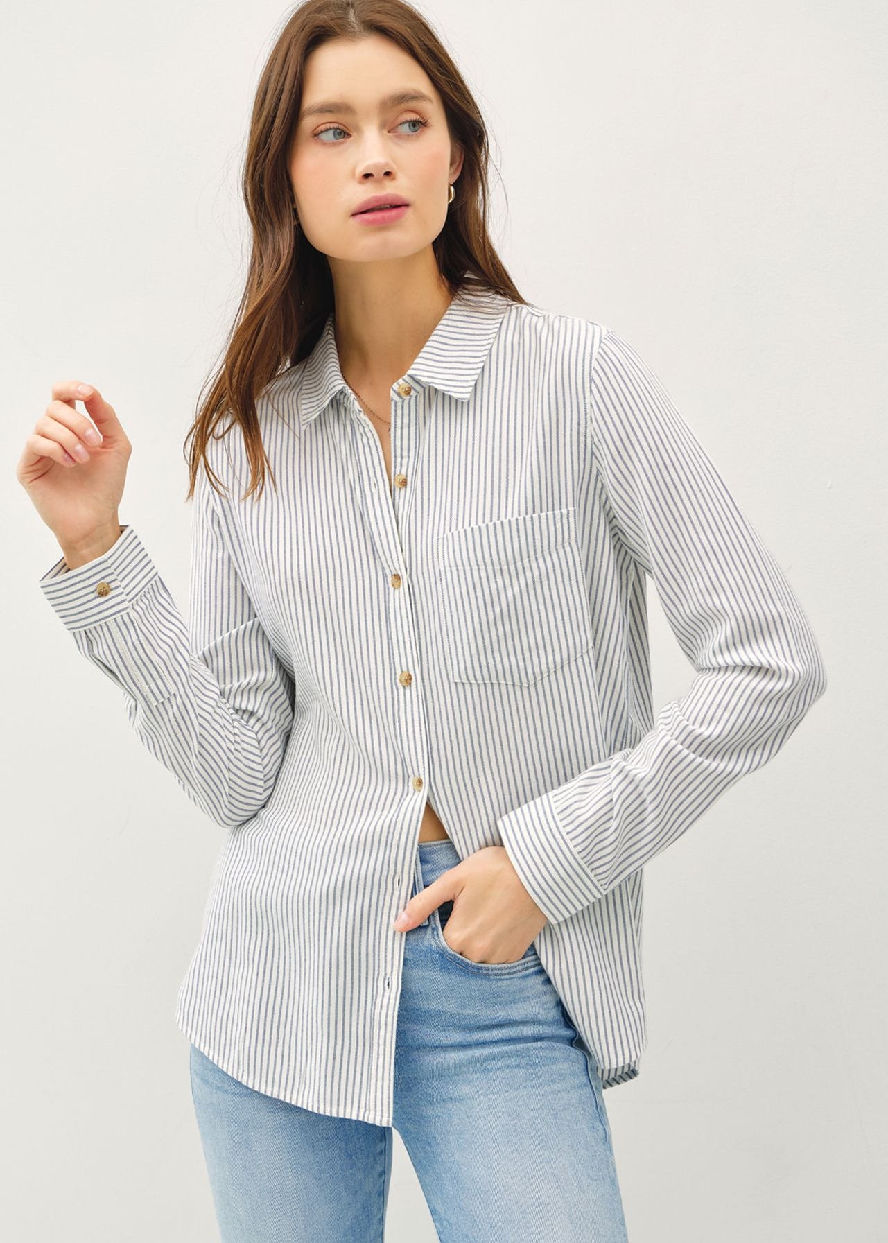 Denim Pinstriped Cotton Top - The Nines