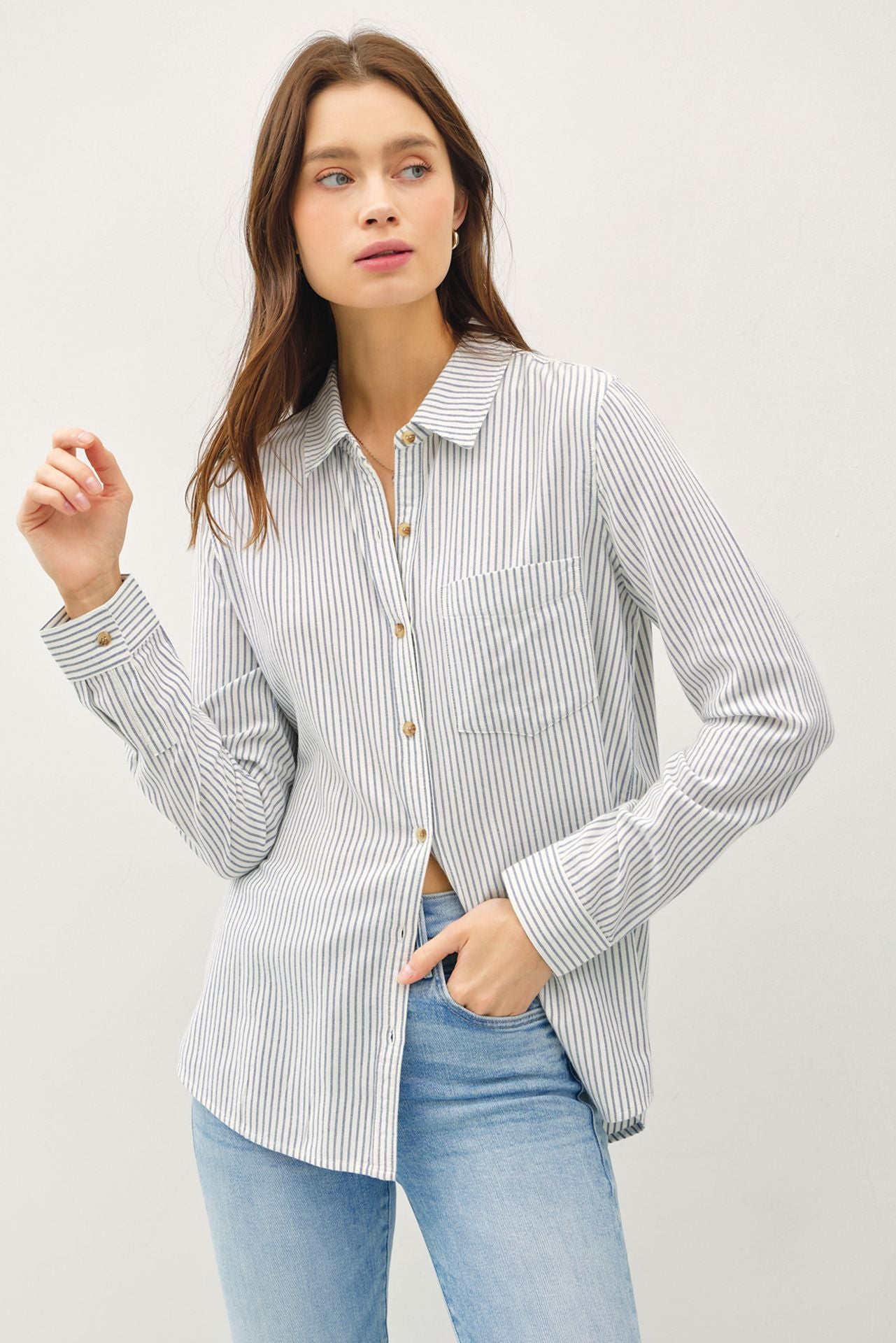 Denim Pinstriped Cotton Top - The Nines