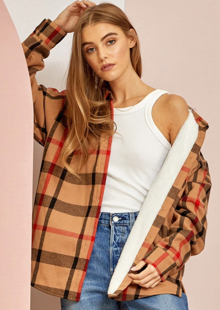 Tan & Red Good To Go Plaid Fur Lined Shacket