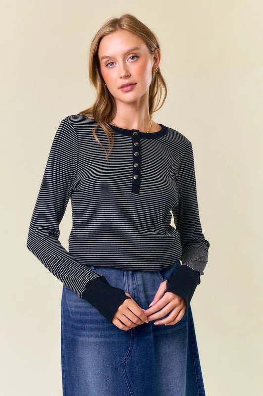 Erin Striped Thumbhole Henley Tops - 2 Colors! - The Nines