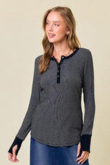 Black Erin Striped Thumbhole Henley Top