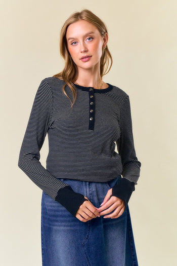 Black Erin Striped Thumbhole Henley Top