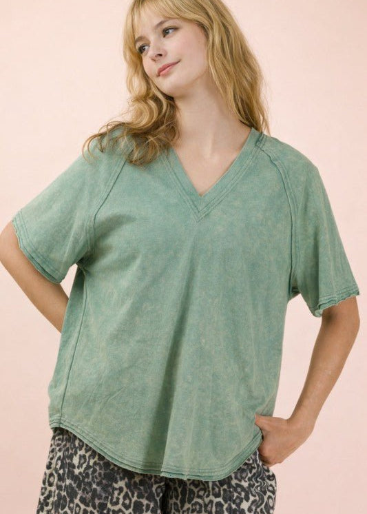 Back Shirred Mineral Wash V - neck Tee - 4 Colors! - The Nines