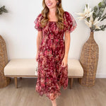Floral Polka Dot Puff Sleeve Midi Dress - The Nines