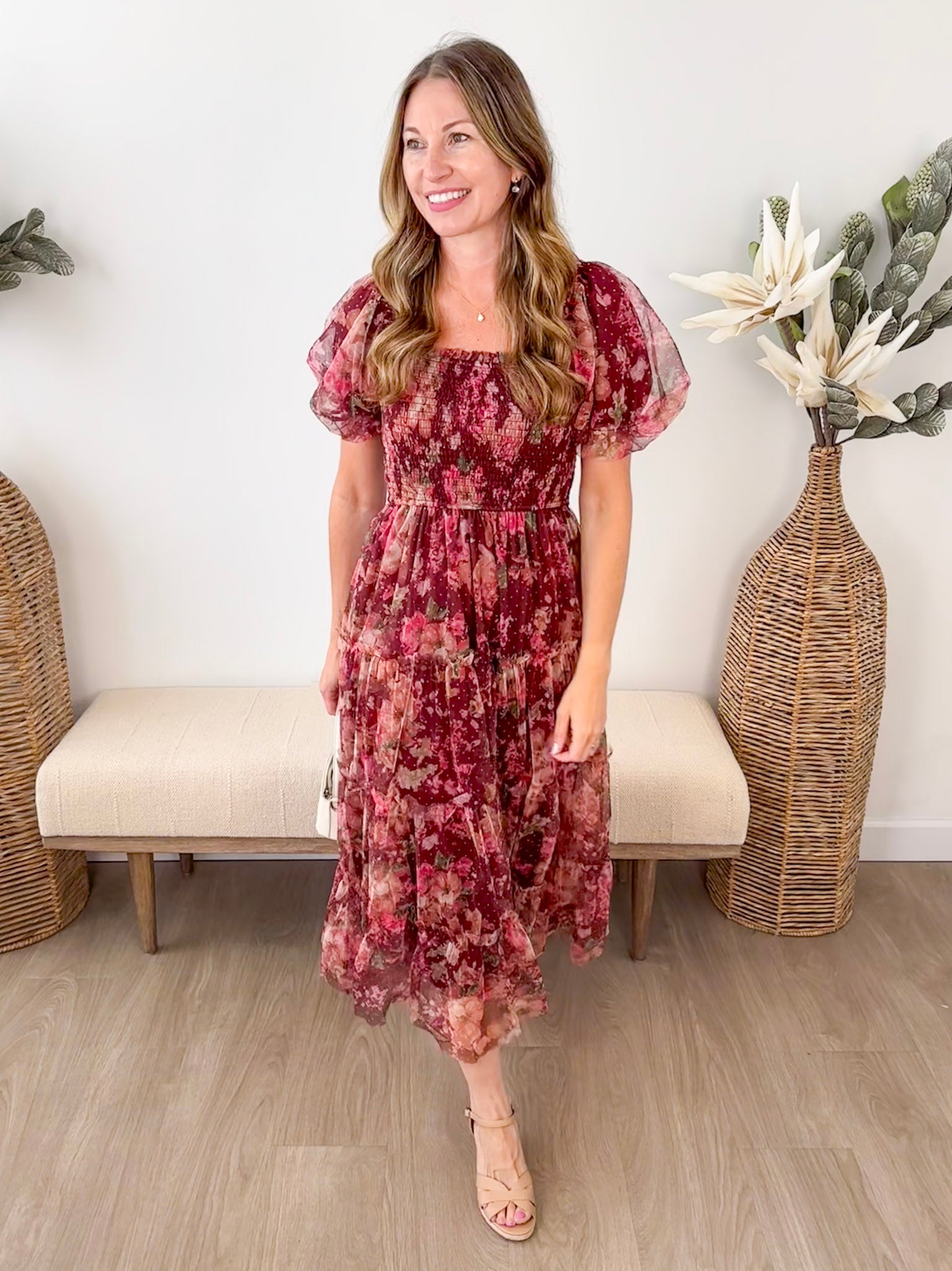 Floral Polka Dot Puff Sleeve Midi Dress - The Nines