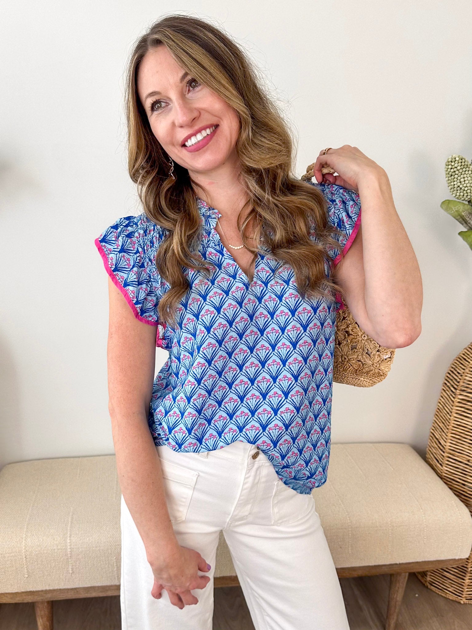 Blue & Pink Contrast Ruffled Blouse - The Nines