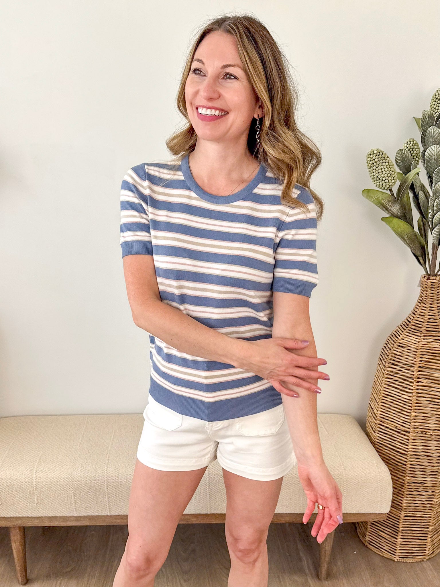 Classic Fit Striped Short Sleeve Sweater Top - The Nines