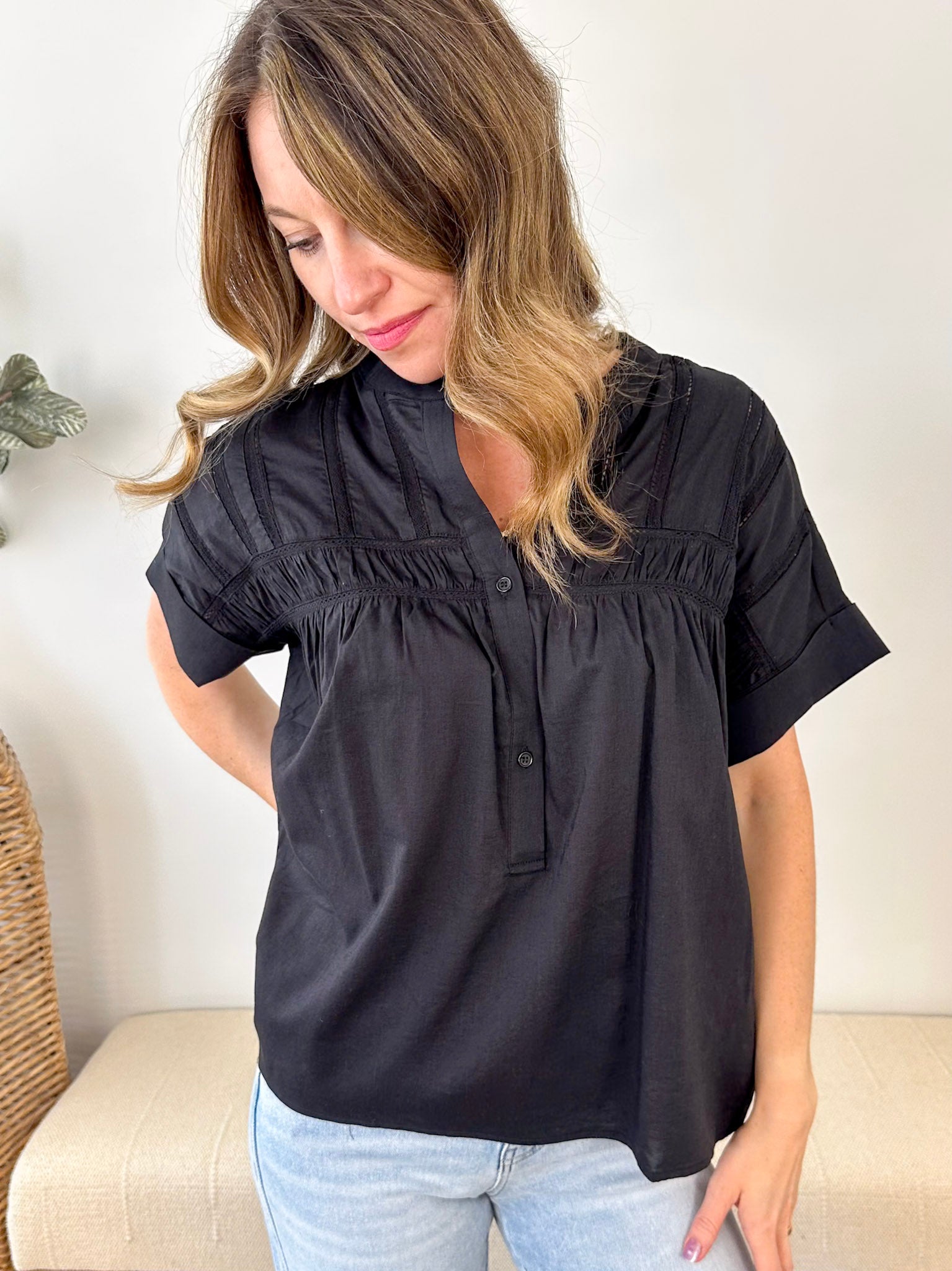 Eyelet Button Up Dolman Blouse - The Nines