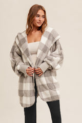 Gray Plaid Sherpa Plush Hooded Cardigan