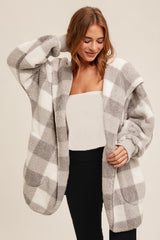 Gray Plaid Sherpa Plush Hooded Cardigan