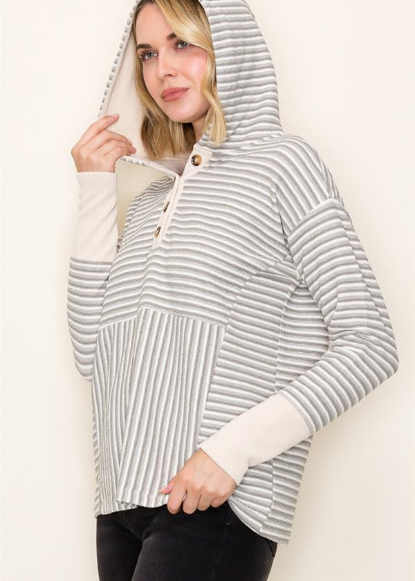 Half Button Striped Hoodie Pullover - 2 Colors! - FINAL SALE! - The Nines