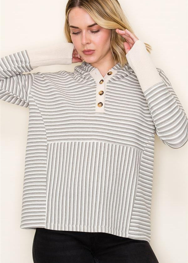Half Button Striped Hoodie Pullover - 2 Colors! - FINAL SALE! - The Nines