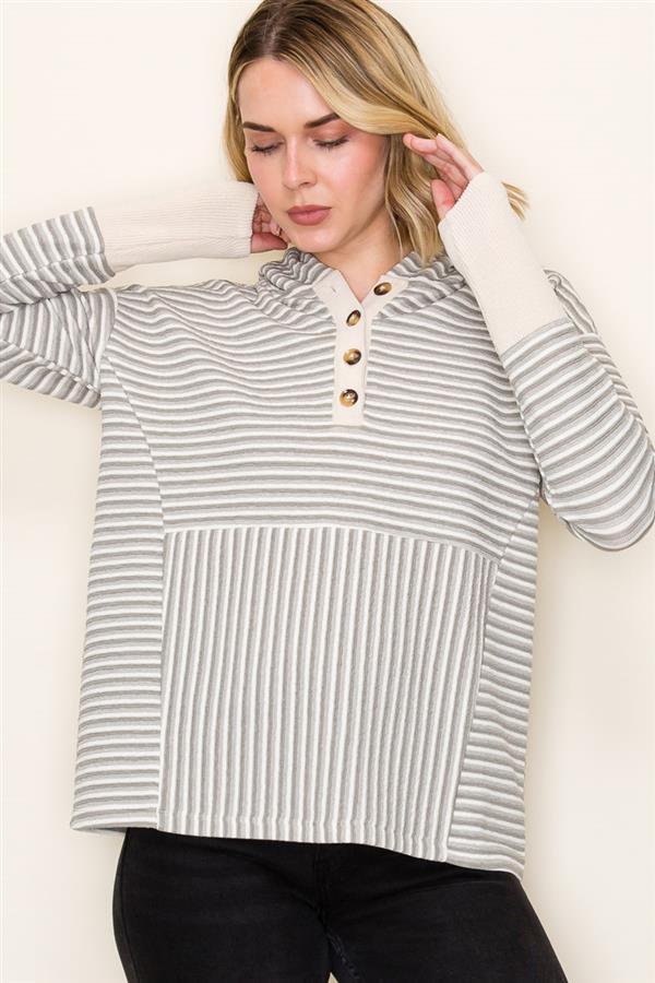 Half Button Striped Hoodie Pullover - 2 Colors! - FINAL SALE! - The Nines