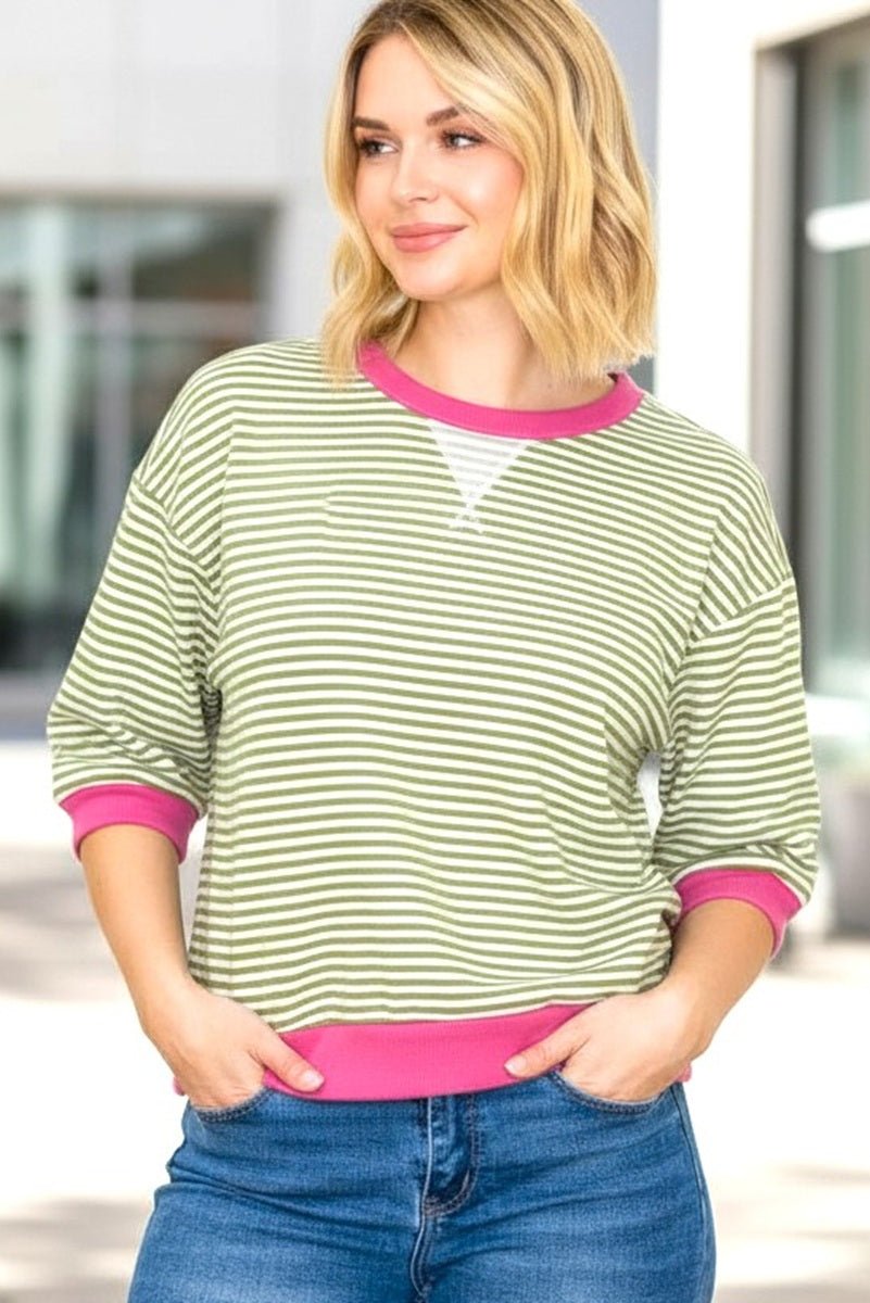 Contrast Half Sleeve Striped Sweatshirt Tops - 2 Colors ! - The Nines