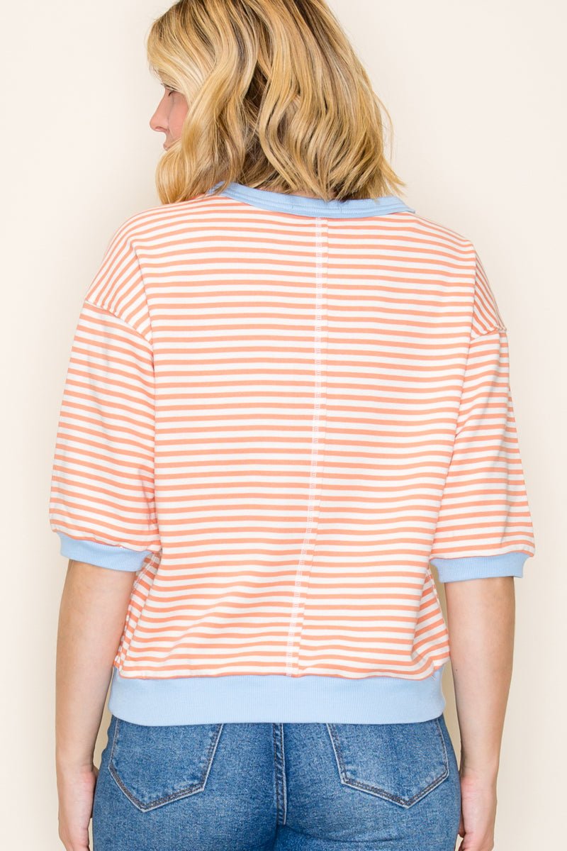 Contrast Half Sleeve Striped Sweatshirt Tops - 2 Colors ! - The Nines