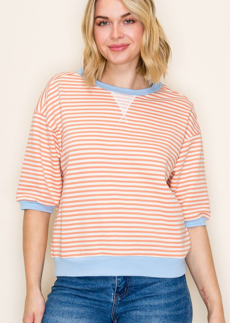 Contrast Half Sleeve Striped Sweatshirt Tops - 2 Colors ! - The Nines