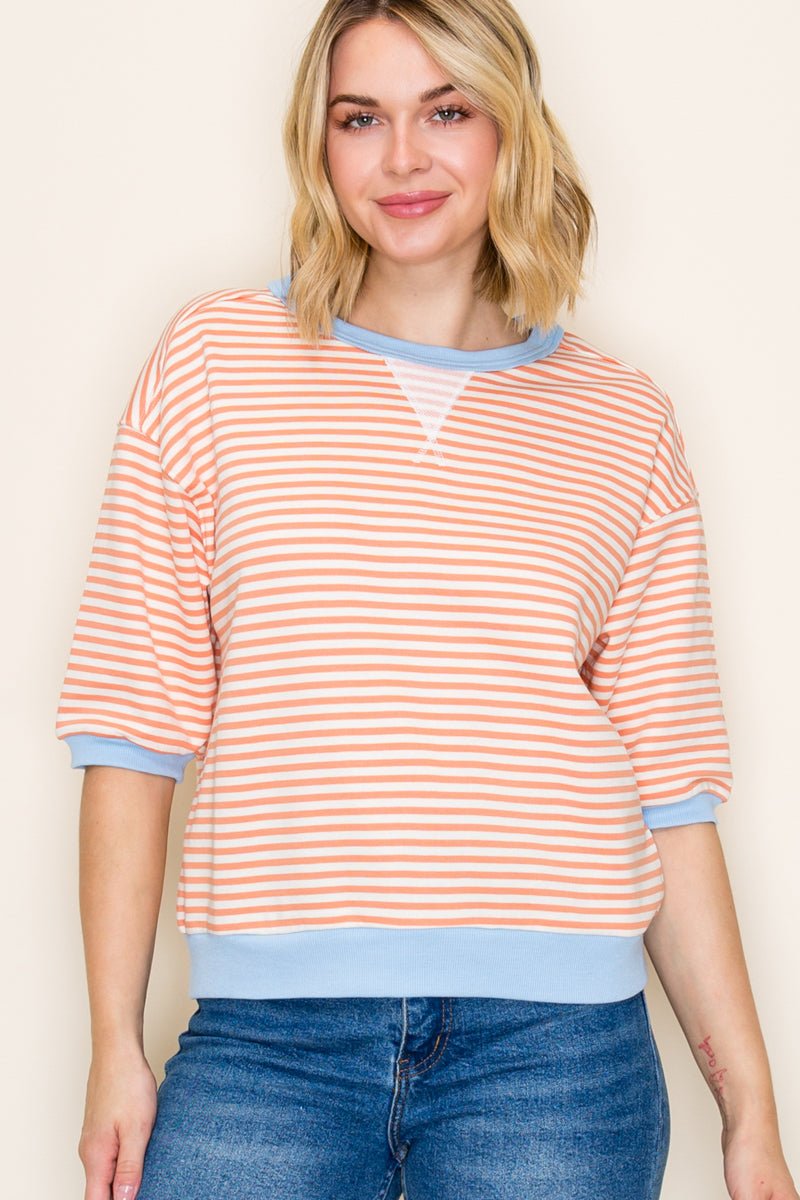 Contrast Half Sleeve Striped Sweatshirt Tops - 2 Colors ! - The Nines