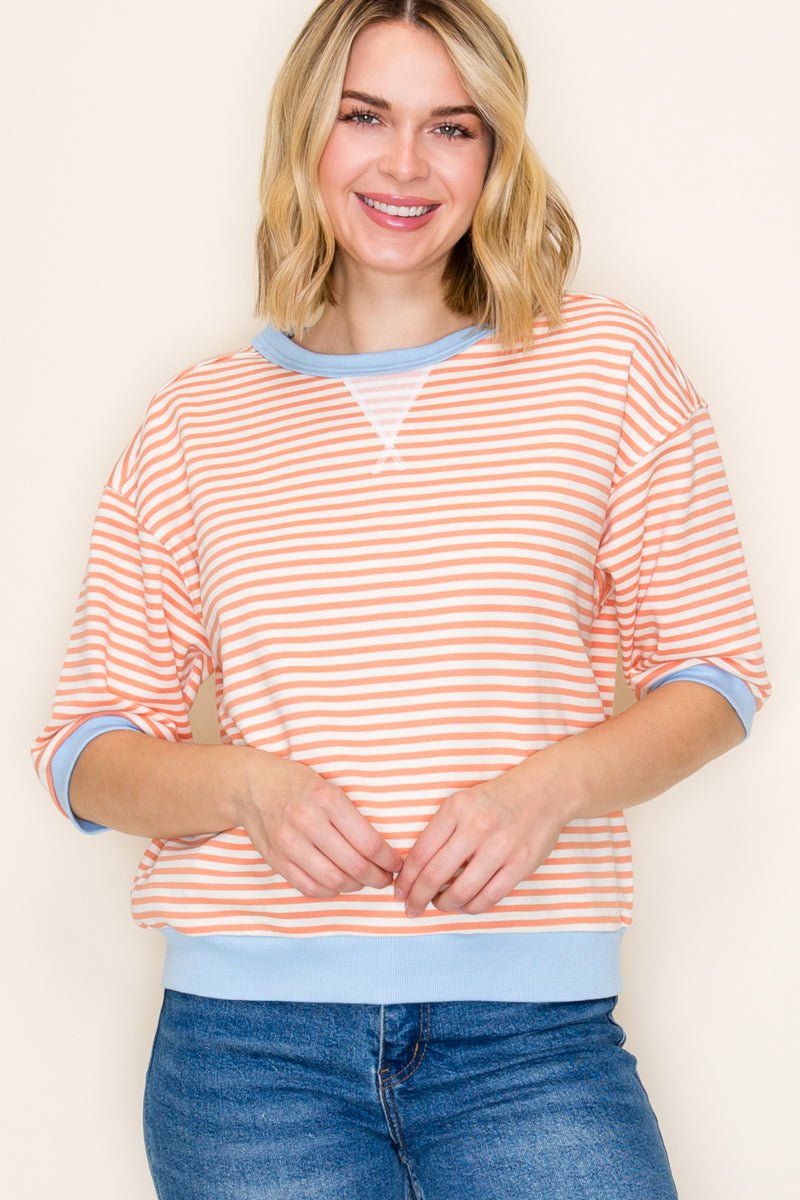 Contrast Half Sleeve Striped Sweatshirt Tops - 2 Colors ! - The Nines