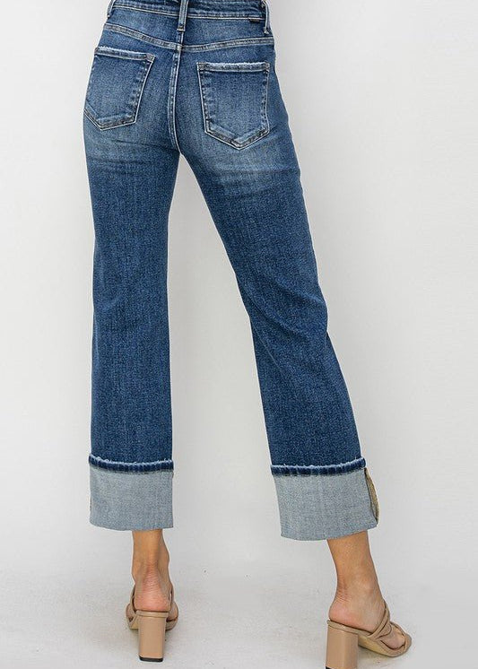 Risen Dark Wash Straight Cuffed Jeans - The Nines
