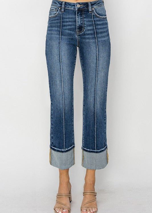 Risen Dark Wash Straight Cuffed Jeans - The Nines