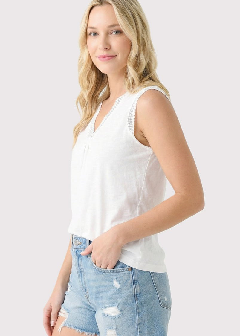 White Lace Trim V - neck Top - The Nines