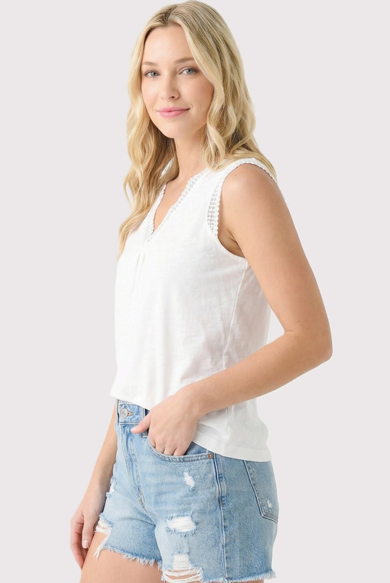 White Lace Trim V - neck Top - The Nines