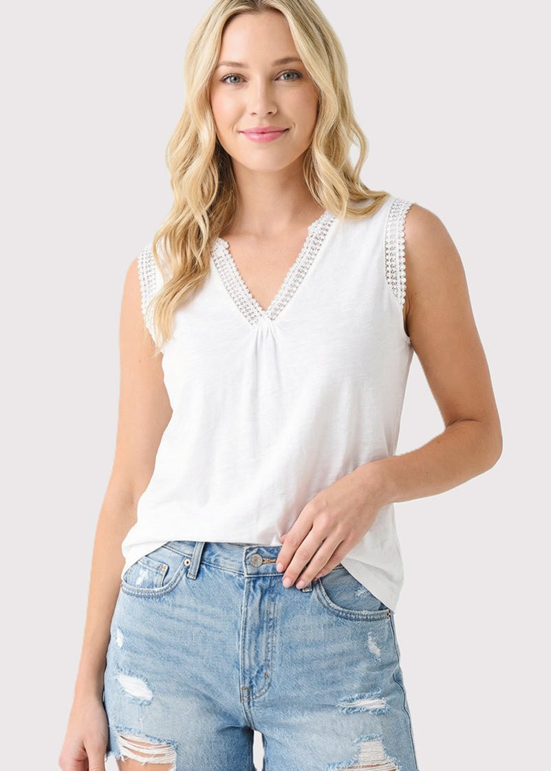 White Lace Trim V - neck Top - The Nines