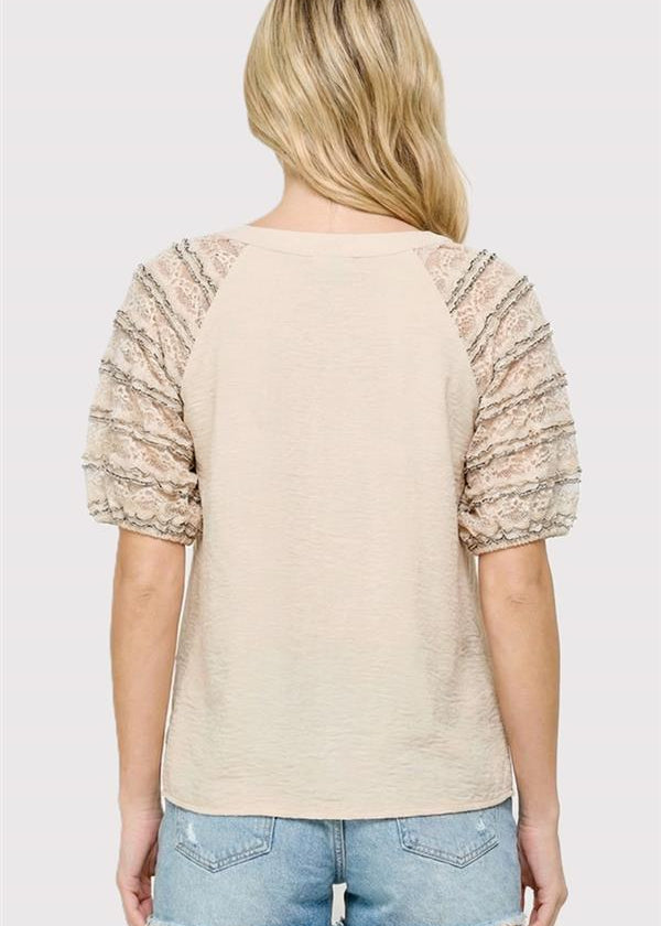 Taupe Lace Sleeve Top - The Nines
