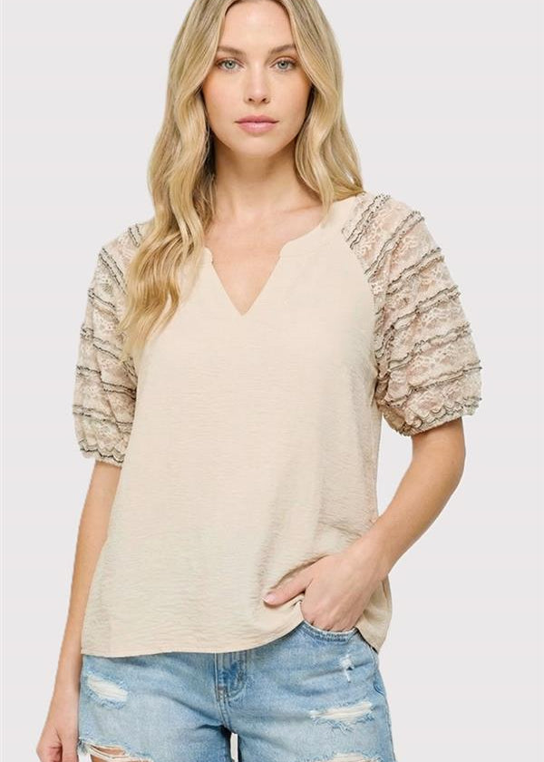 Taupe Lace Sleeve Top - The Nines