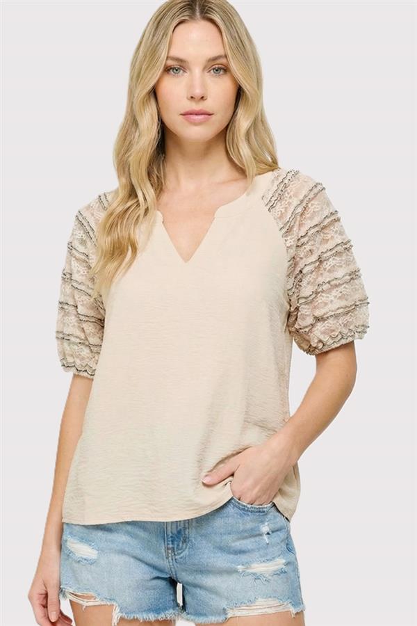 Taupe Lace Sleeve Top - The Nines