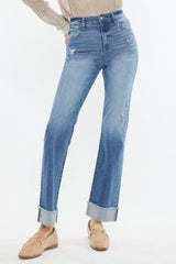 Kan Can High Rise Medium Wash Distress Cuffed Straight Jeans