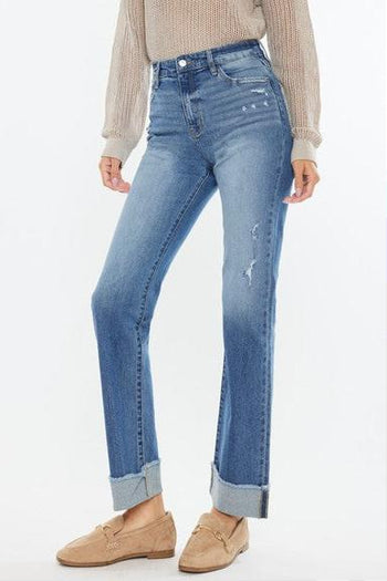 Kan Can High Rise Medium Wash Distress Cuffed Straight Jeans