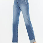 Kan Can High Rise Medium Wash Distress Cuffed Straight Jeans - The Nines