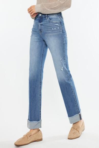 Kan Can High Rise Medium Wash Distress Cuffed Straight Jeans - The Nines