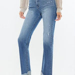 Kan Can High Rise Medium Wash Distress Cuffed Straight Jeans - The Nines