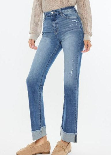 Kan Can High Rise Medium Wash Distress Cuffed Straight Jeans - The Nines
