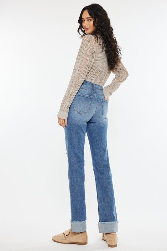 Kan Can High Rise Medium Wash Distress Cuffed Straight Jeans - The Nines