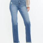 Kan Can High Rise Medium Wash Distress Cuffed Straight Jeans - The Nines