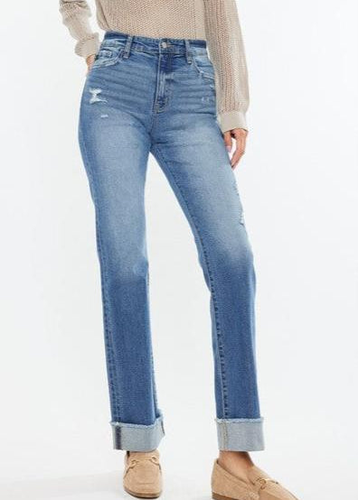 Kan Can High Rise Medium Wash Distress Cuffed Straight Jeans - The Nines