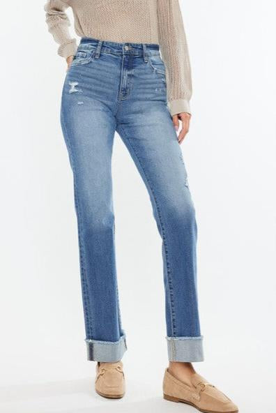 Kan Can High Rise Medium Wash Distress Cuffed Straight Jeans - The Nines