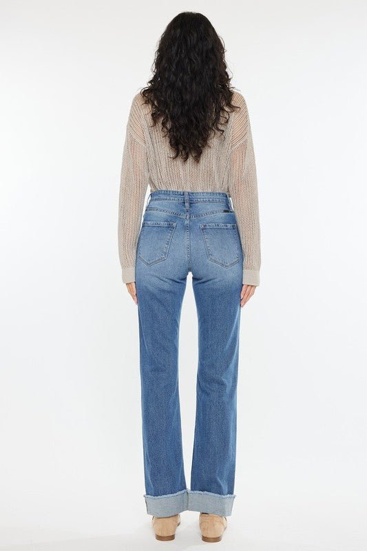 Kan Can High Rise Medium Wash Distress Cuffed Straight Jeans - The Nines