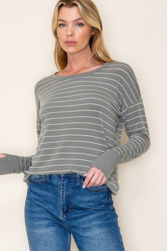 Olive Striped Thumbhole Top - The Nines