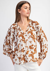 Brown Floral Crinkle Blouse