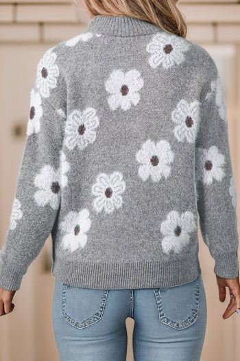 Gray Floral Zip Sweater