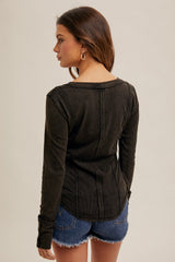 Boat Neck Mineral Washed Rib Henley Tops - 5 Colors!