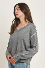 Gray & Ivory Stitched Sleeve Sweater