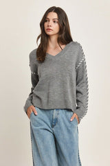 Gray & Ivory Stitched Sleeve Sweater