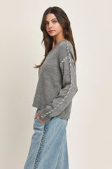 Gray & Ivory Stitched Sleeve Sweater