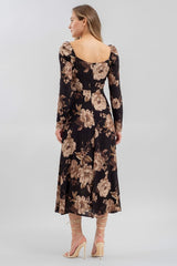 Black Floral Square neck Midi Dress